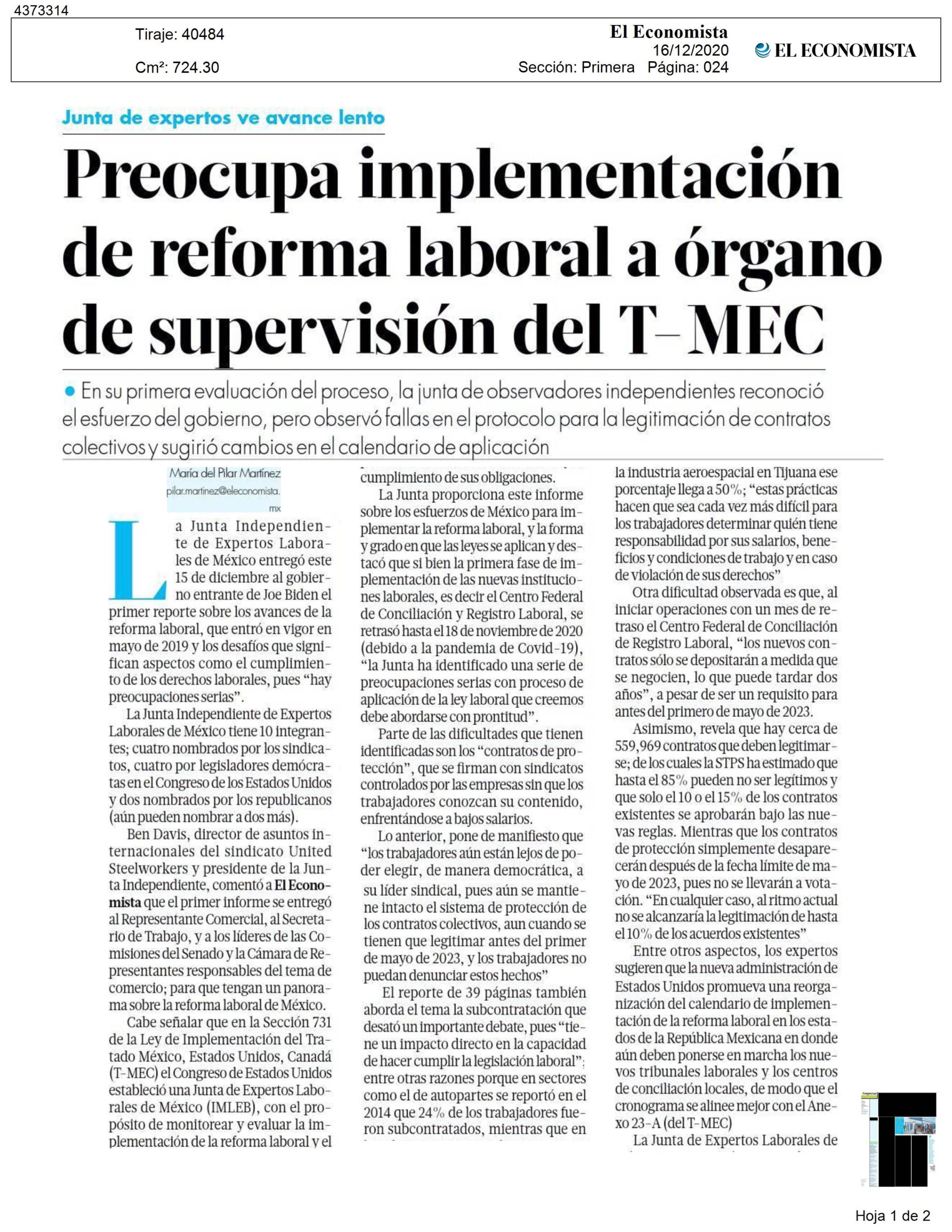 Preocupa implementación de reforma laboral a órgano de supervisión del T-MEC  