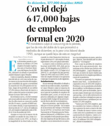 Covid dejó 647,000 bajas de empleo formal en 2020