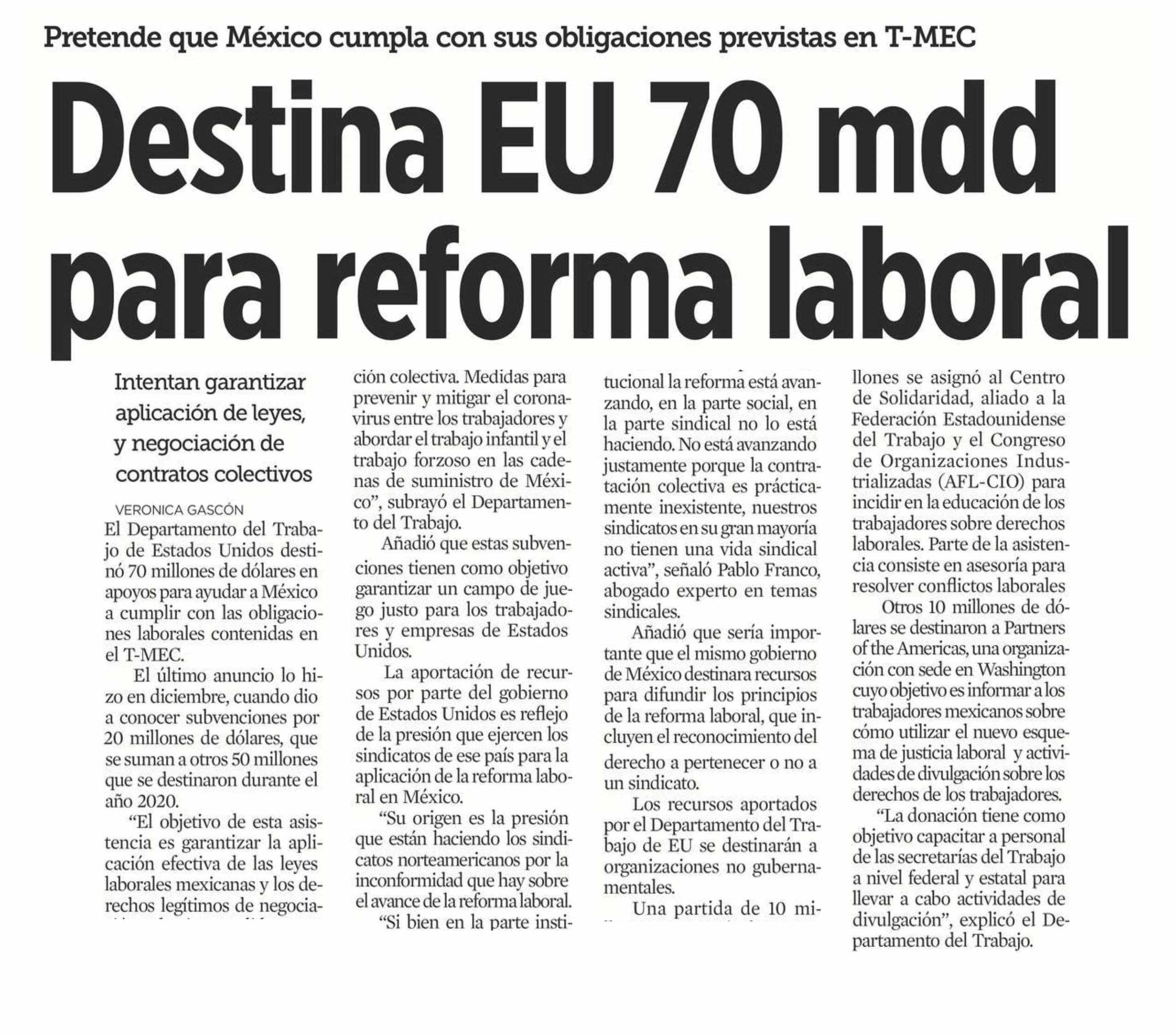 Destina EU 70 mdd para reforma laboral