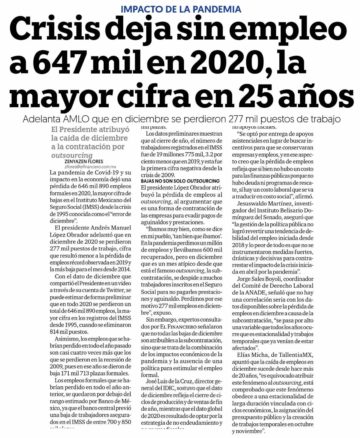 Crisis deja sin empleo a 647 mil en 2020, la mayor cifra en 25 años
