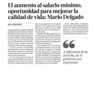 El aumento al salario mínimo, oportunidad para mejorar la calidad de vida: Mario Delgado