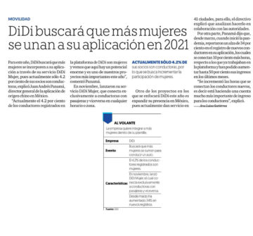DiDi buscará que más mujeres se unan a su aplicación en 2021