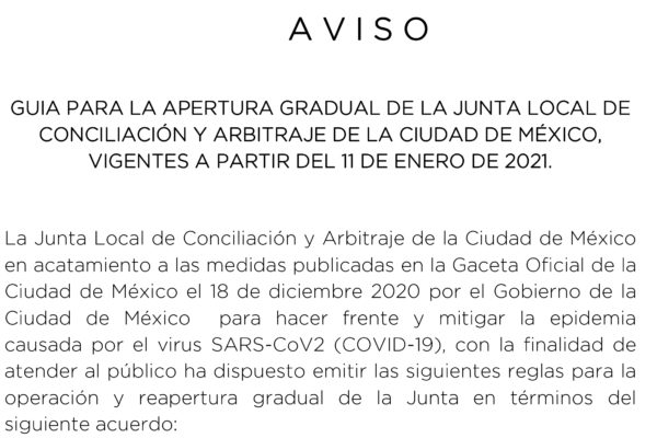 Prorroga la Junta Local de Conciliación de la CDMX labores ordinarias hasta el 18 de enero