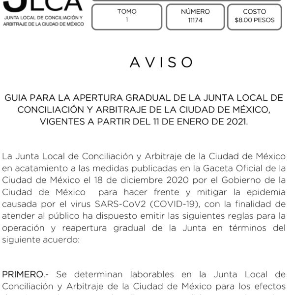 Prorroga la Junta Local de Conciliación de la CDMX labores ordinarias hasta el 18 de enero