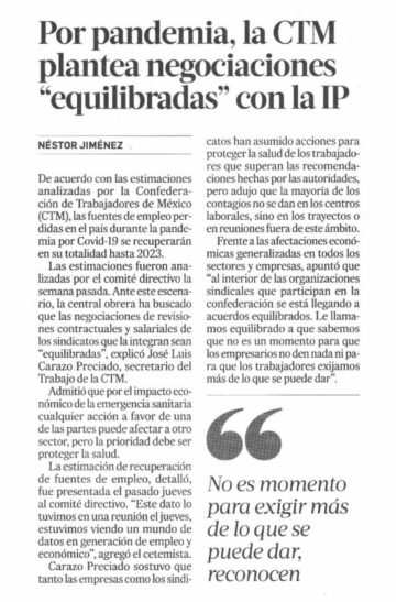 Por pandemia, la CTM plantea negociaciones “equilibradas” con la IP