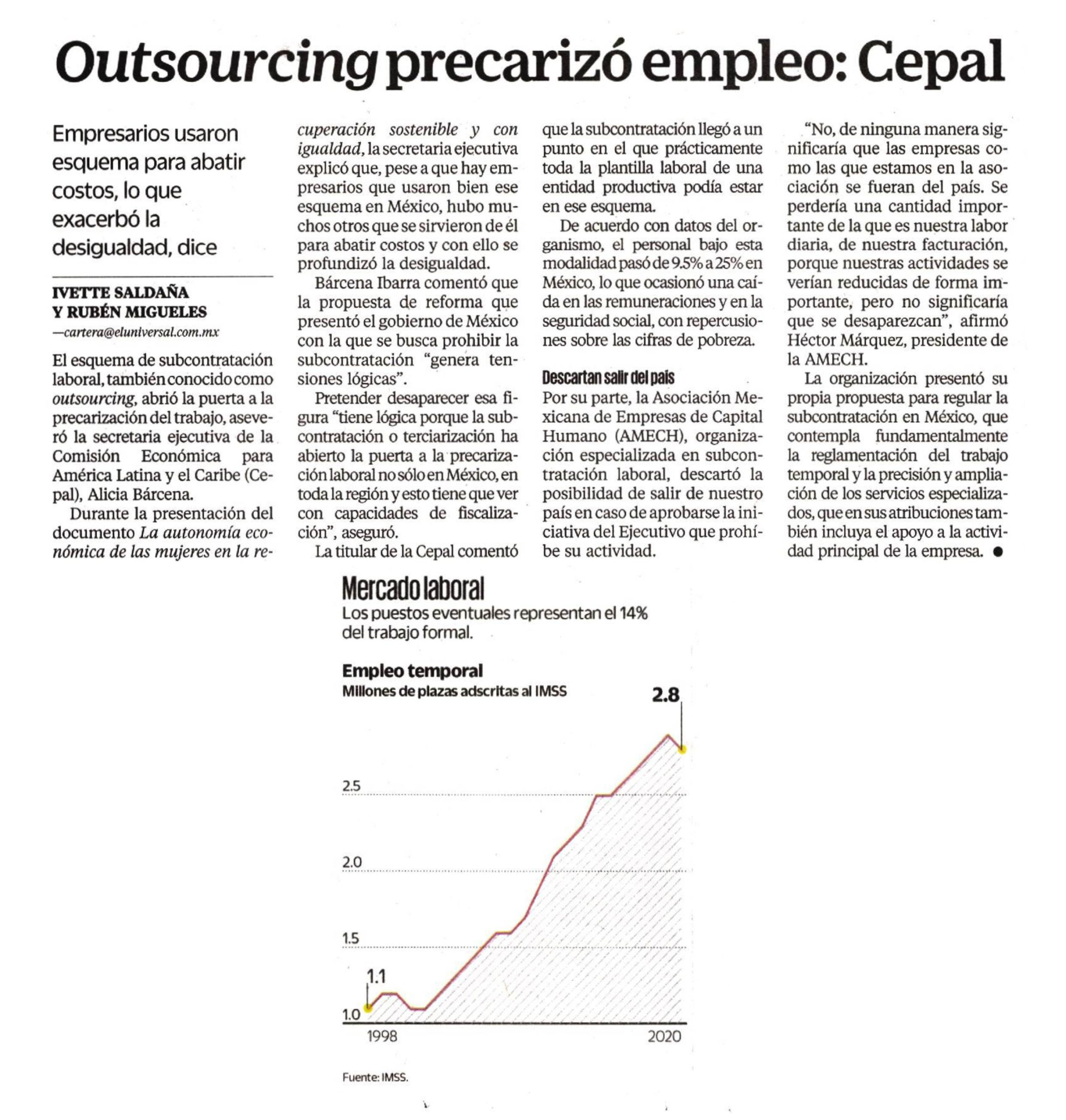 Outsourcing precarizó empleo: Cepal