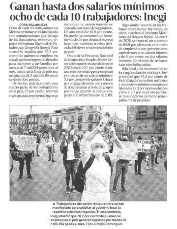 Ganan hasta dos salarios mínimos ocho de cada 10 trabajadores: Inegi