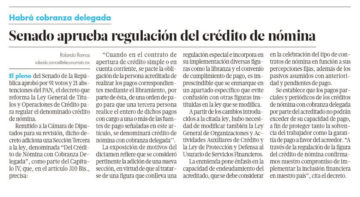 Senado aprueba regulación del crédito de nómina