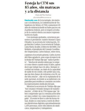 Festeja la CTM sus 85 años, sin matracas y a la distancia