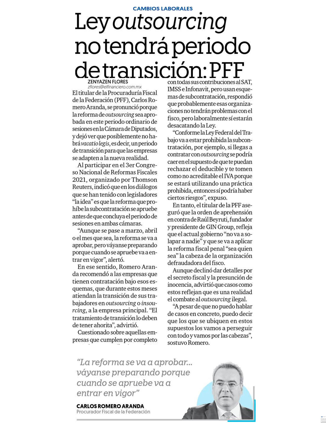 Ley outsourcing no tendrá periodo de transición: PFF