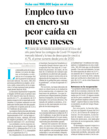Empleo tuvo en enero su peor caída en nueve meses