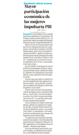 Mayor participación económica de las mujeres impulsaría PIB