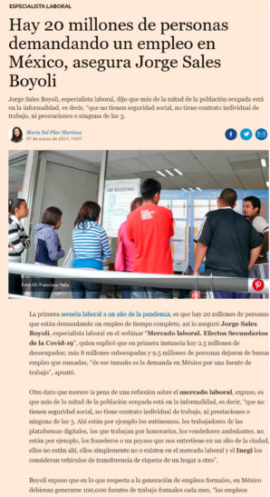 Hay 20 millones de personas demandando un empleo en México, asegura Jorge Sales Boyoli