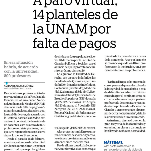 A paro virtual, 14 planteles de la UNAM por falta de pagos