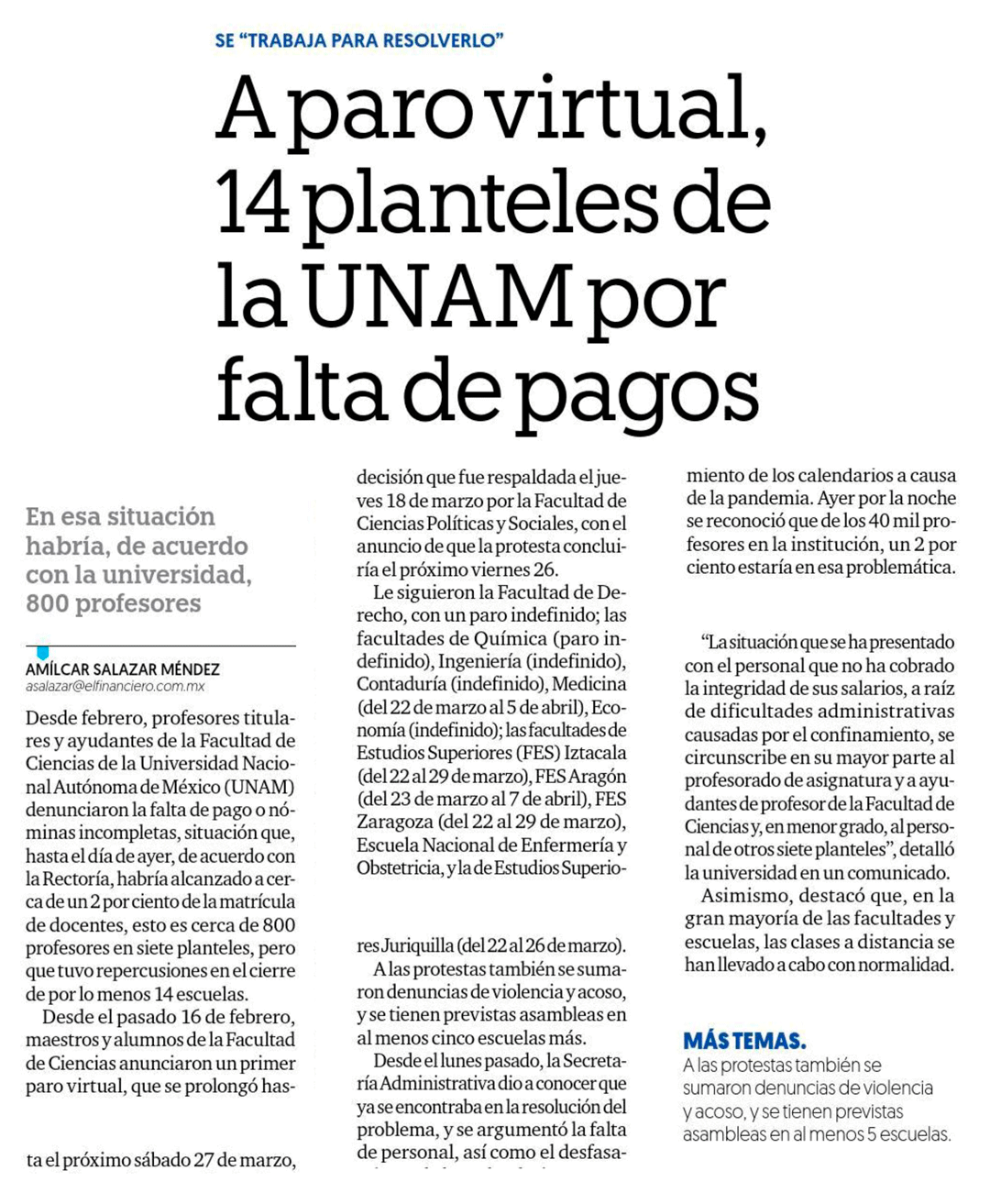 A paro virtual, 14 planteles de la UNAM por falta de pagos