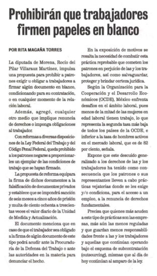 Prohibirán que trabajadores firmen papeles en blanco