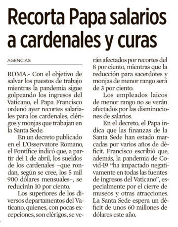 Recorta Papa salarios a cardenales y curas