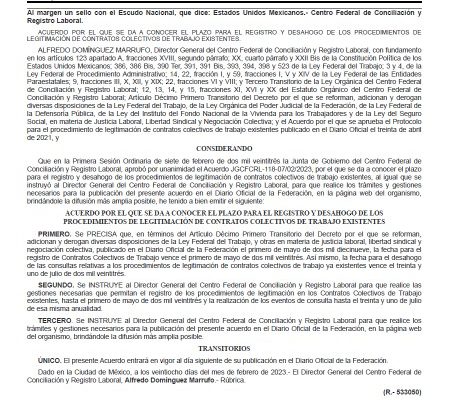 ACUERDO por el que se da a conocer el plazo para el registro y desahogo de los procedimientos de legitimación de contratos colectivos de trabajo existentes.