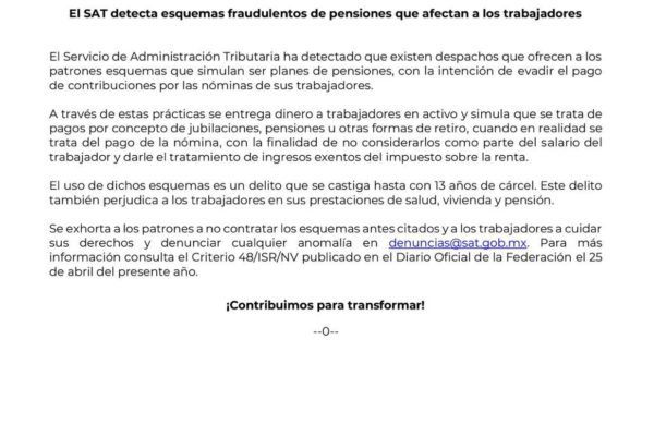 EI SAT detecta esquemas fraudulentos de pensiones que afectan a los trabajadores
