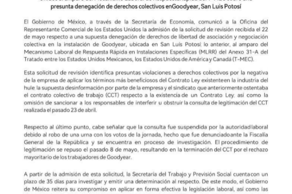 El Gobierno de México admite a revisión la solicitud sobre una presunta denegación de derechos colectivos en Goodyear, San Luis Potosí