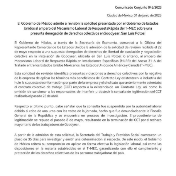El Gobierno de México admite a revisión la solicitud sobre una presunta denegación de derechos colectivos en Goodyear, San Luis Potosí