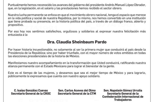 Manifiestan sindicatos apoyo y… obediencia