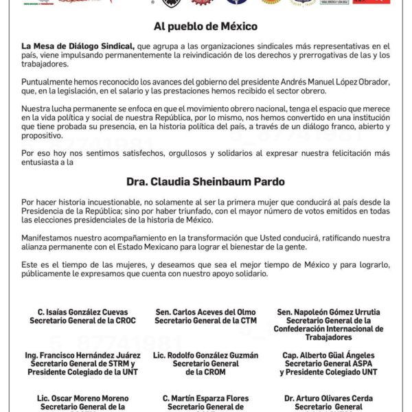 Manifiestan sindicatos apoyo y… obediencia